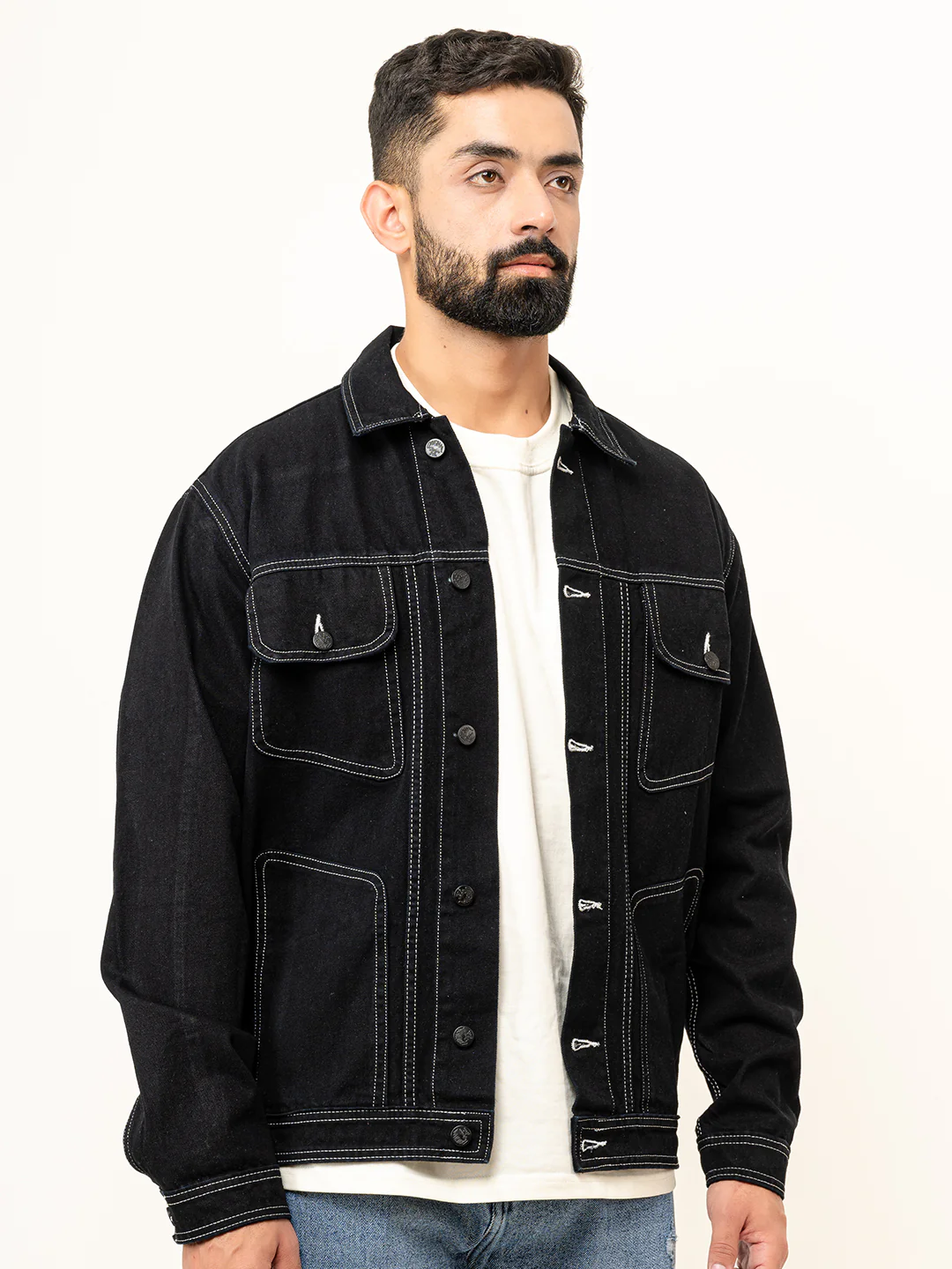 Contrast stitch Black Denim Jacket - Image 2