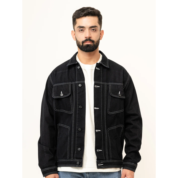 Contrast stitch Black Denim Jacket