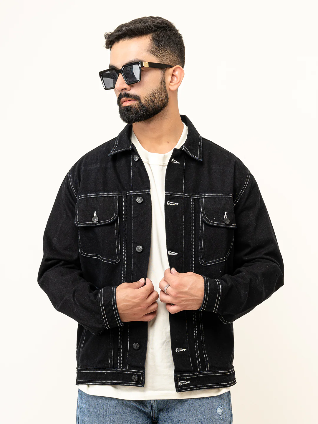Contrast stitch Black Denim Jacket - Image 4