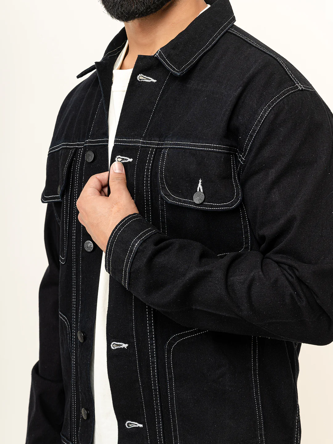 Contrast stitch Black Denim Jacket - Image 3