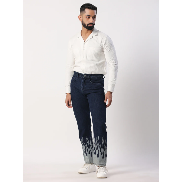 Blue Flame Printed Straight Fit Denim Jeans & pants