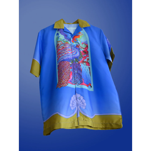 Front Back Graphic Printed Oversized Royal Blue Crepe Shirt