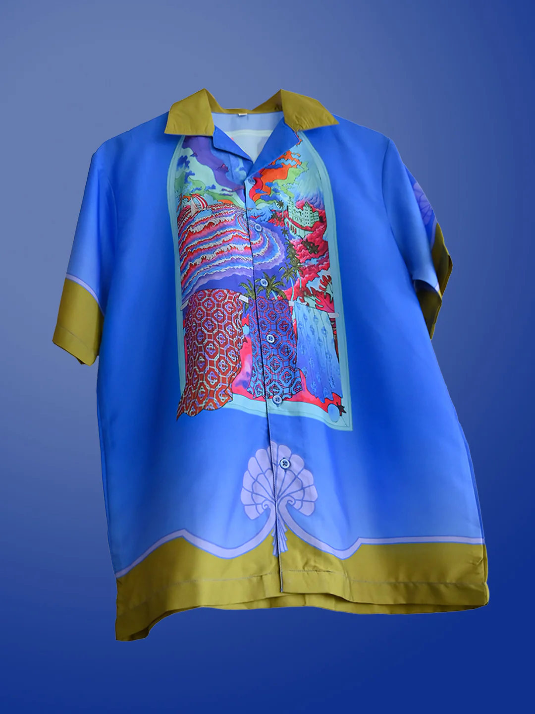 Front Back Graphic Printed Oversized Royal Blue Crepe Shirt