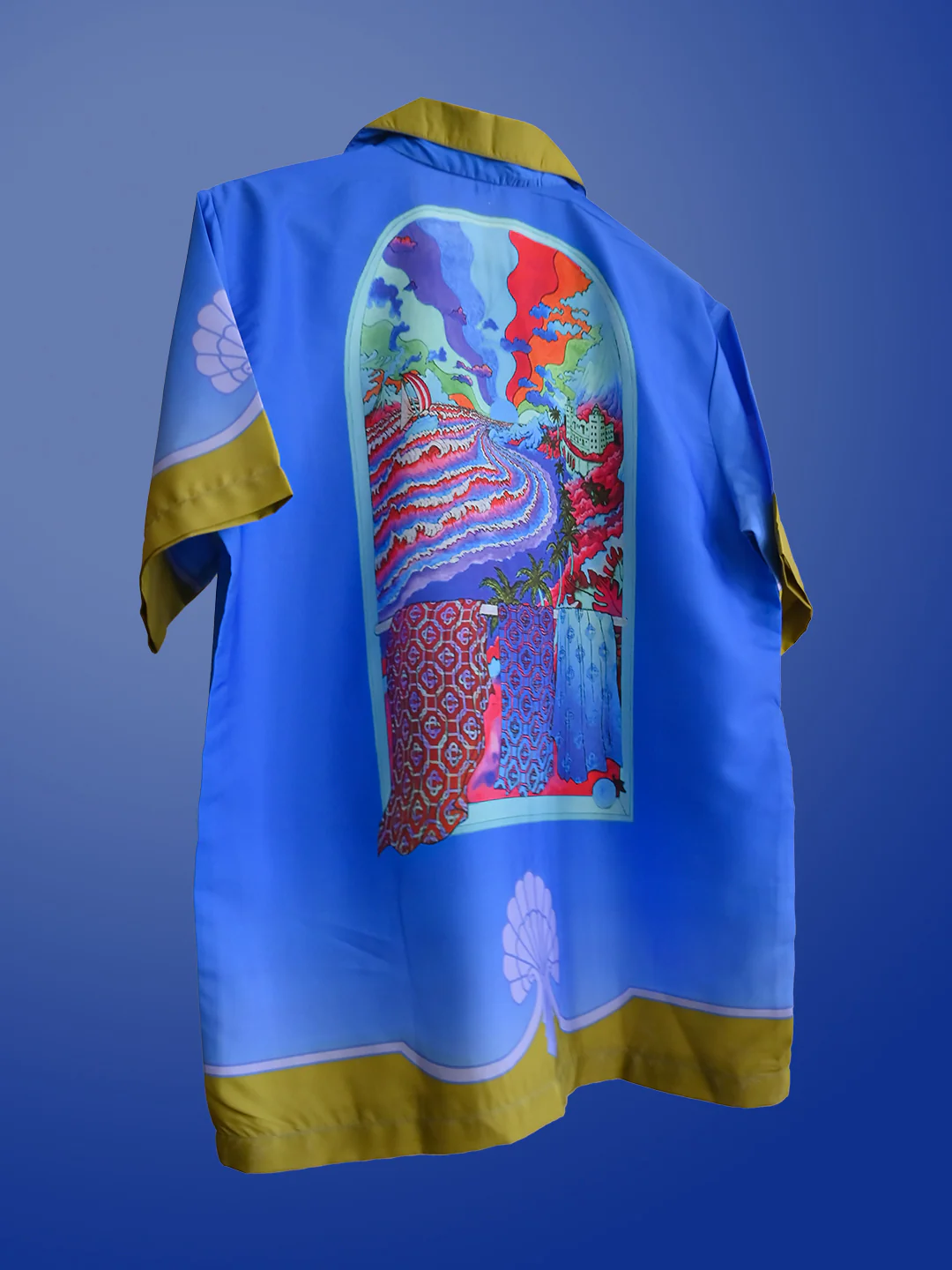 Front Back Graphic Printed Oversized Royal Blue Crepe Shirt - Image 4