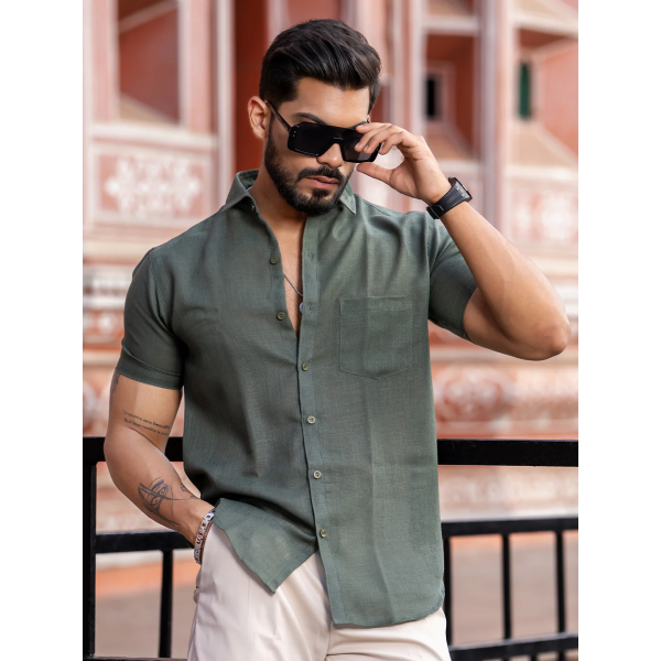 Bottle Green Linen Half Sleeve Solid Shirt