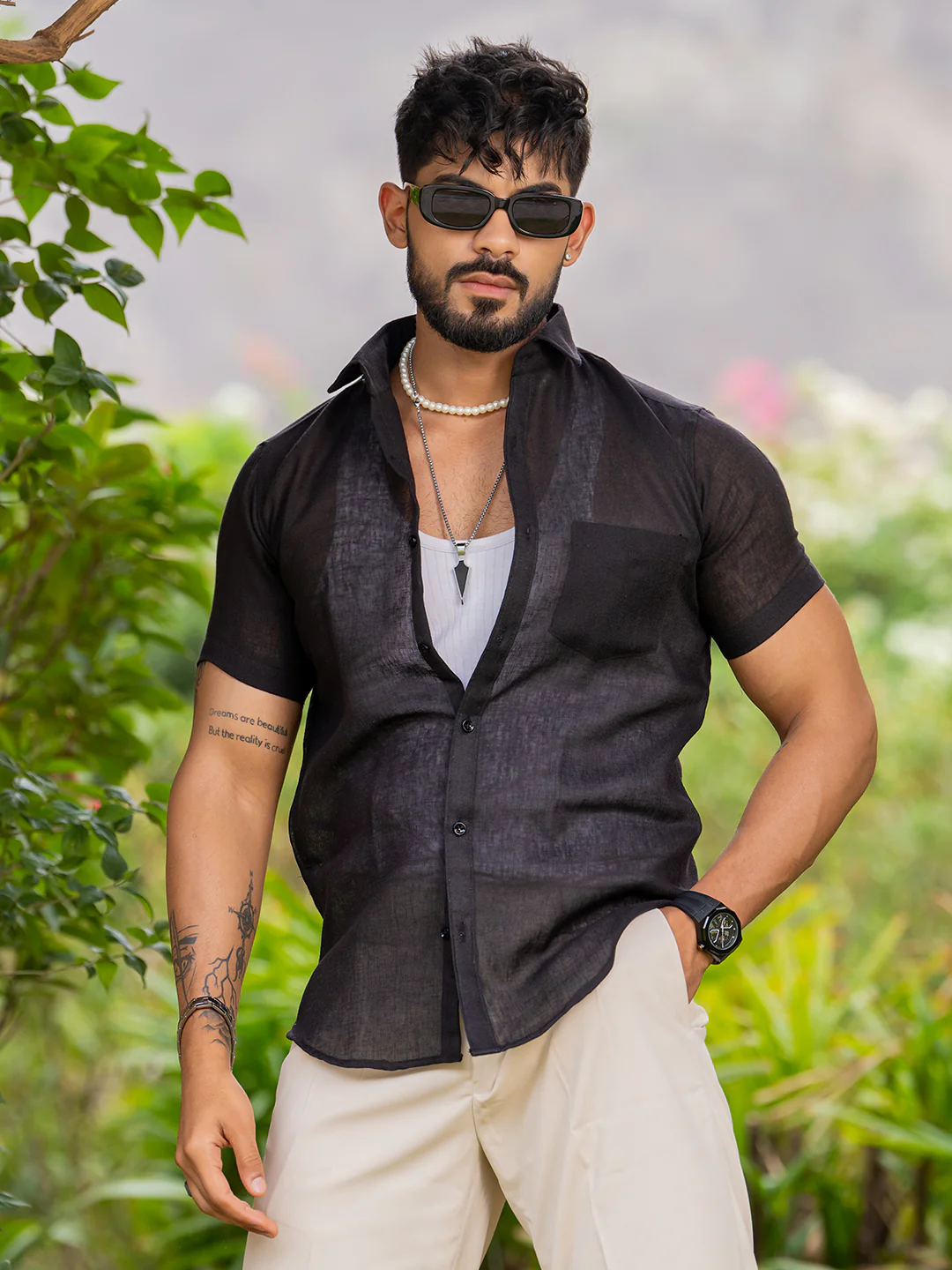Black Linen Half Sleeve Solid Shirt - Image 3