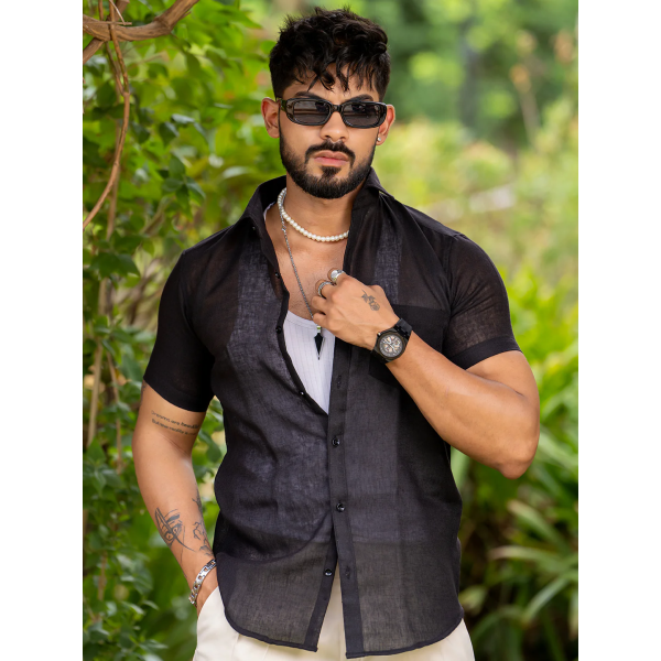 Black Linen Half Sleeve Solid Shirt