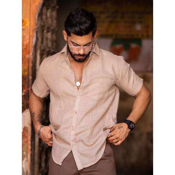 Blanched Almond Linen Half Sleeve Solid Shirt