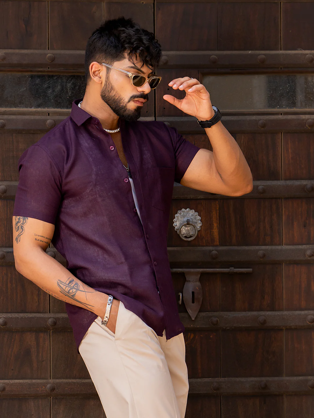Aubergine Linen Half Sleeve Solid Shirt - Image 3