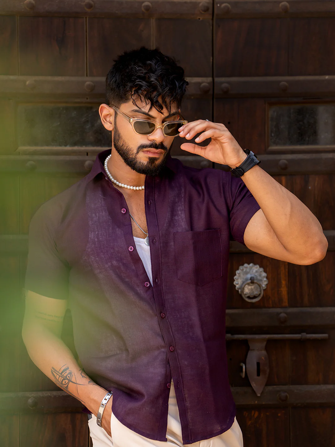 Aubergine Linen Half Sleeve Solid Shirt - Image 2