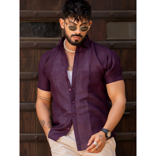 Aubergine Linen Half Sleeve Solid Shirt