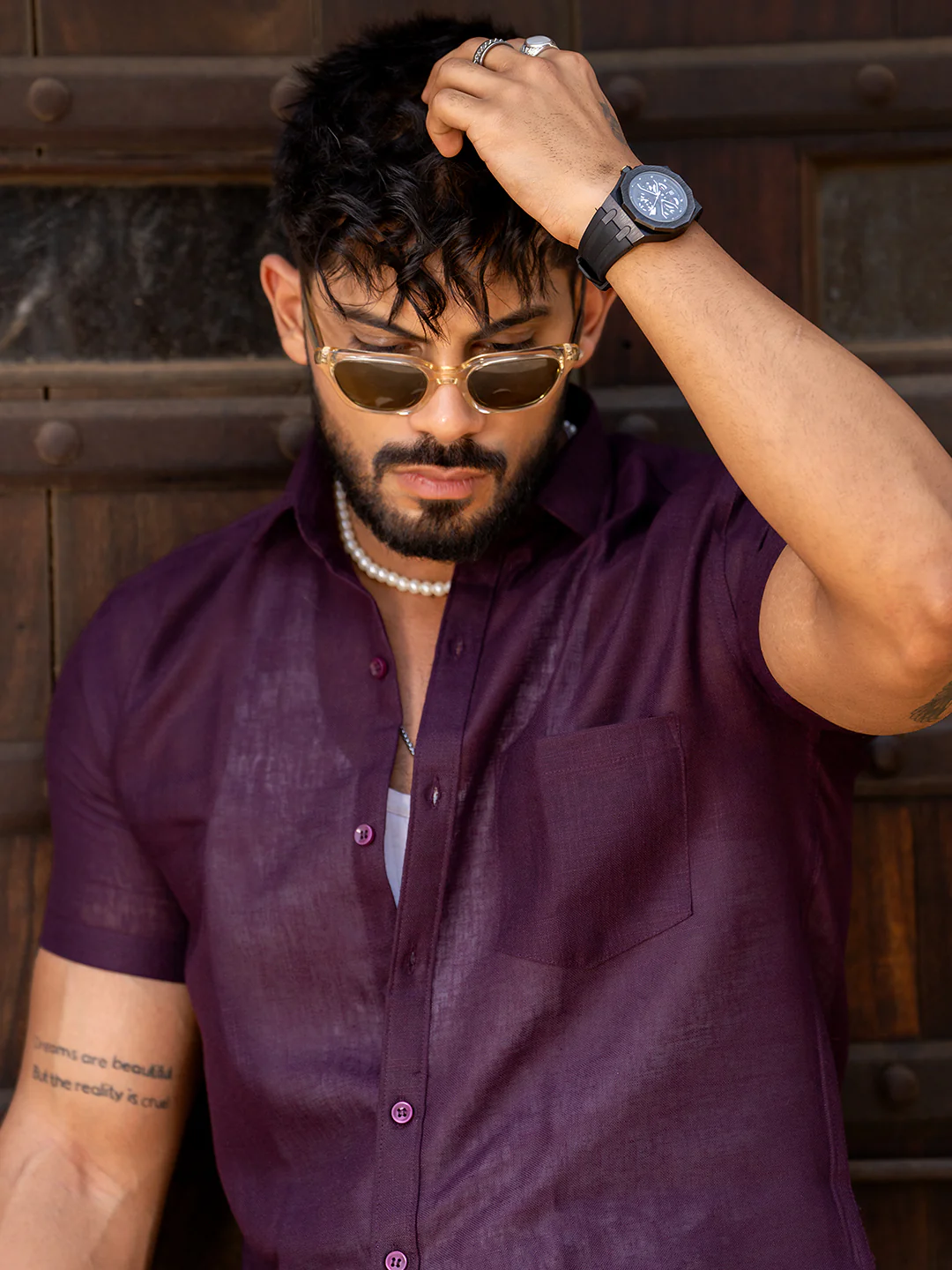 Aubergine Linen Half Sleeve Solid Shirt - Image 6