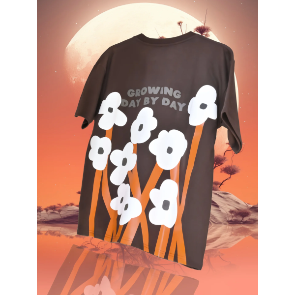 Brown Growing Day By Day Printed Half Sleeves Oversized T-shirt