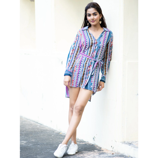 African Printed Shirt Dress With Belt For Women