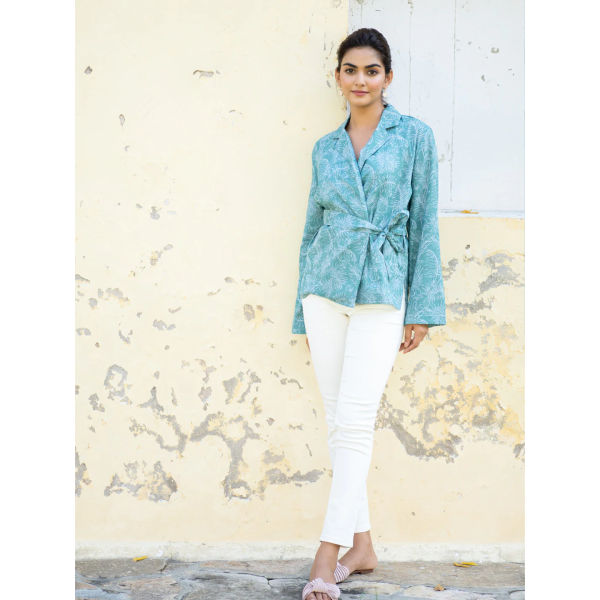 Palm Green Kimono Style Cotton Shirt With Belt For Women