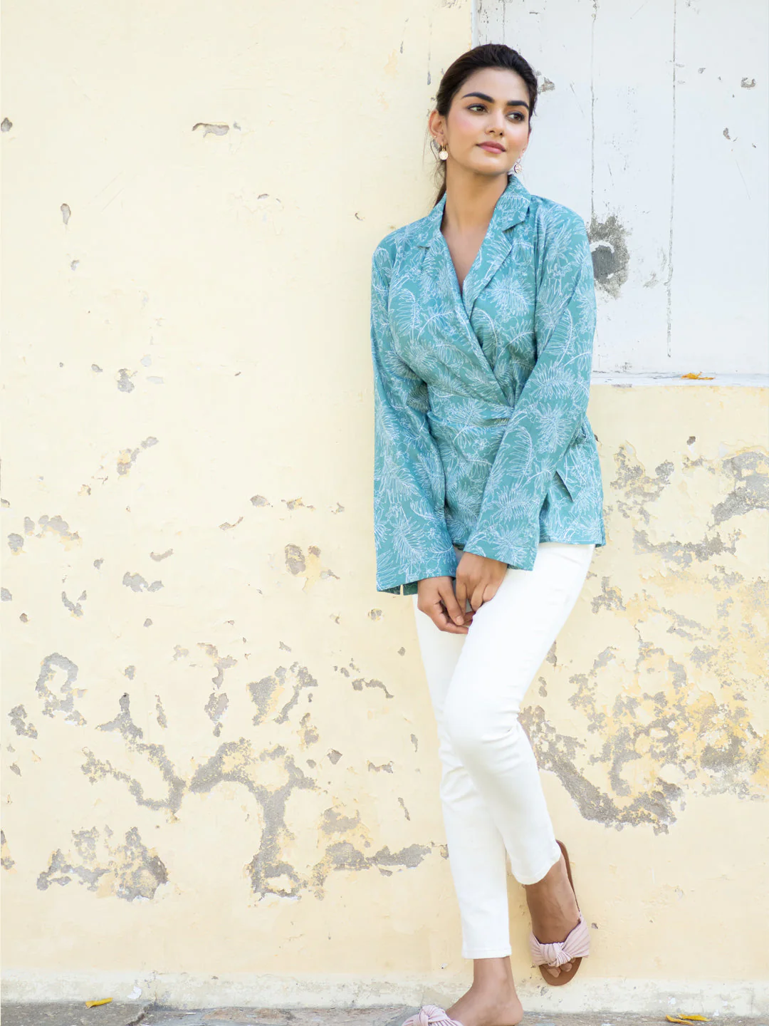 Palm Green Kimono Style Cotton Shirt With Belt For Women - Image 6