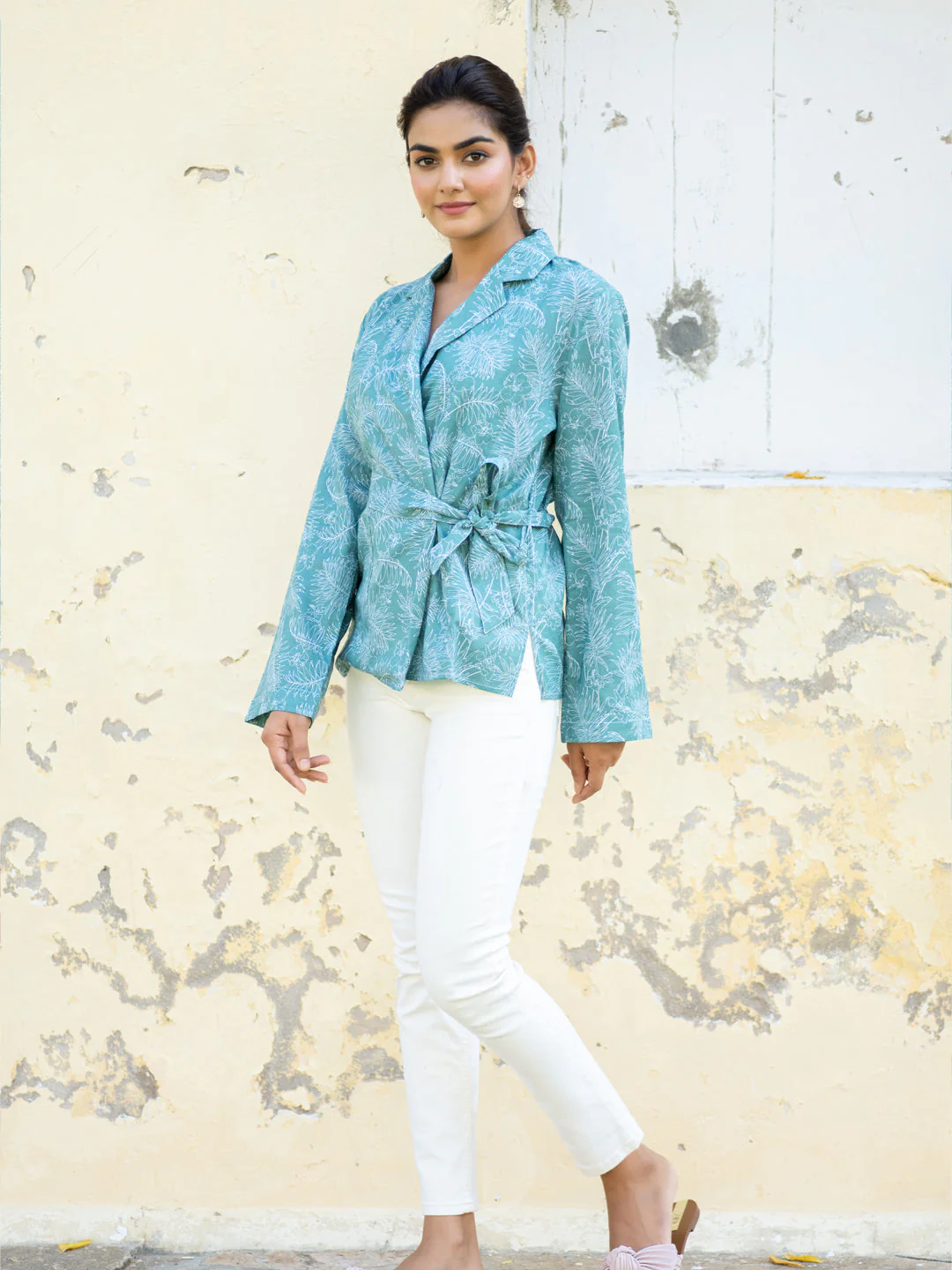 Palm Green Kimono Style Cotton Shirt With Belt For Women - Image 5