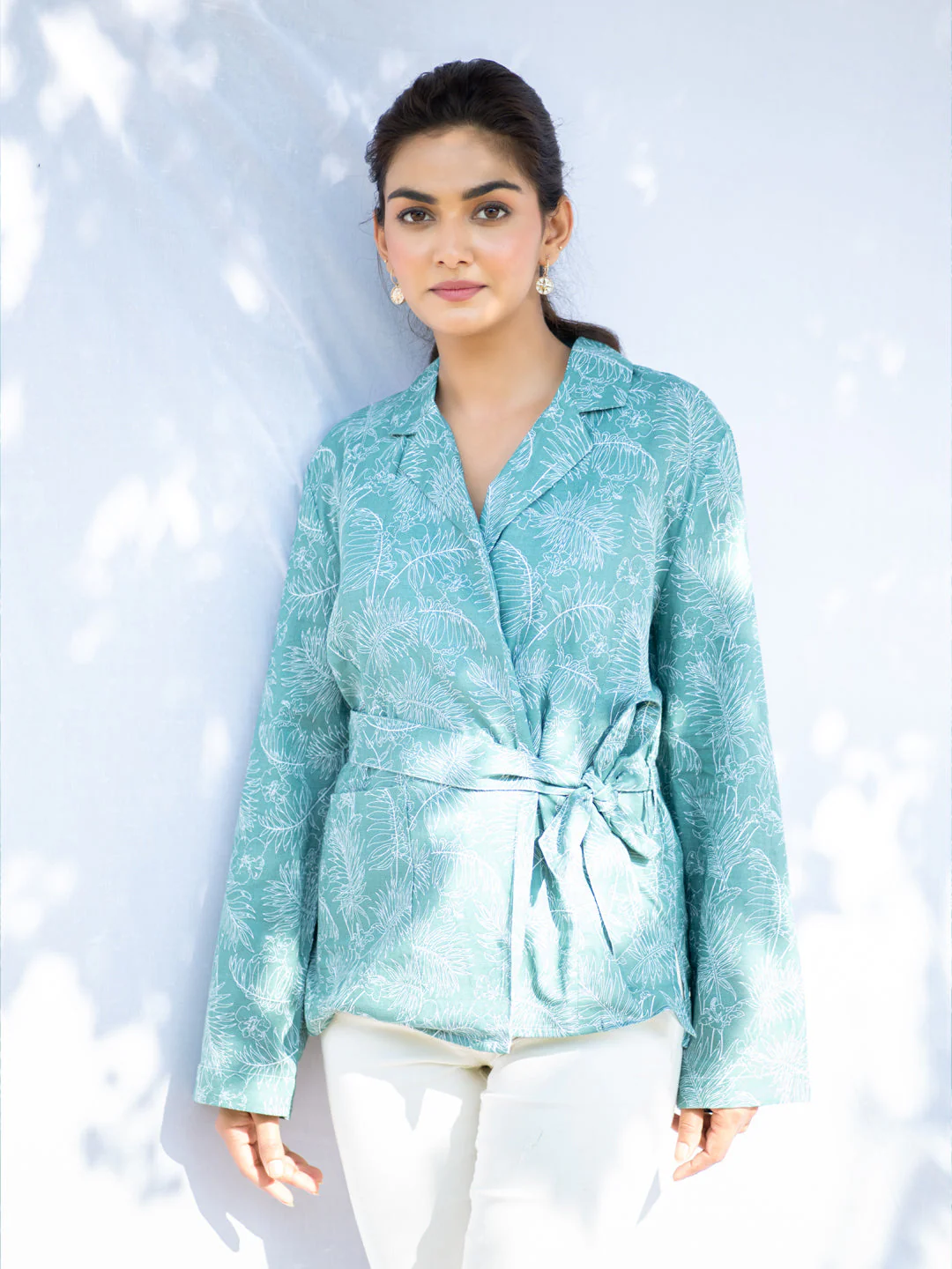 Palm Green Kimono Style Cotton Shirt With Belt For Women - Image 4