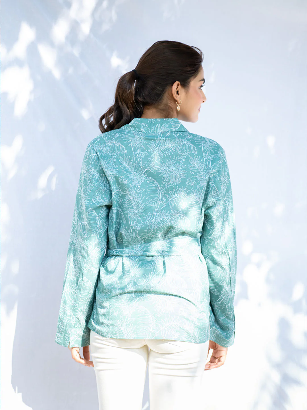 Palm Green Kimono Style Cotton Shirt With Belt For Women - Image 2