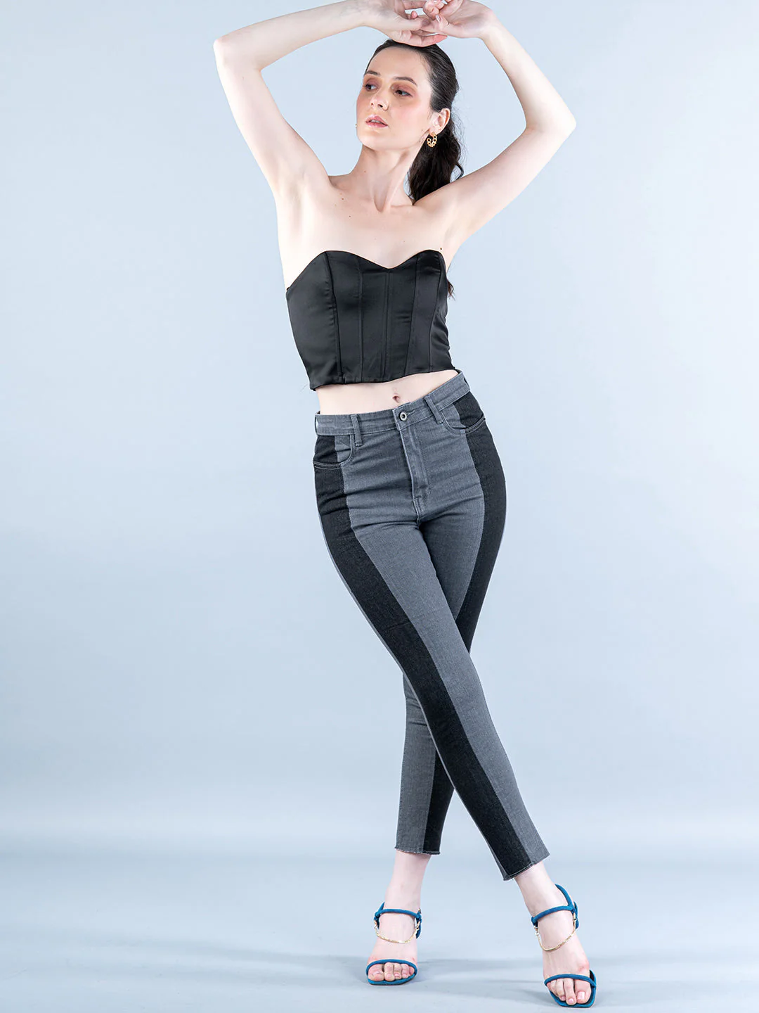 Colorblock Chess Skinny Fit Jeans For Women - Image 2