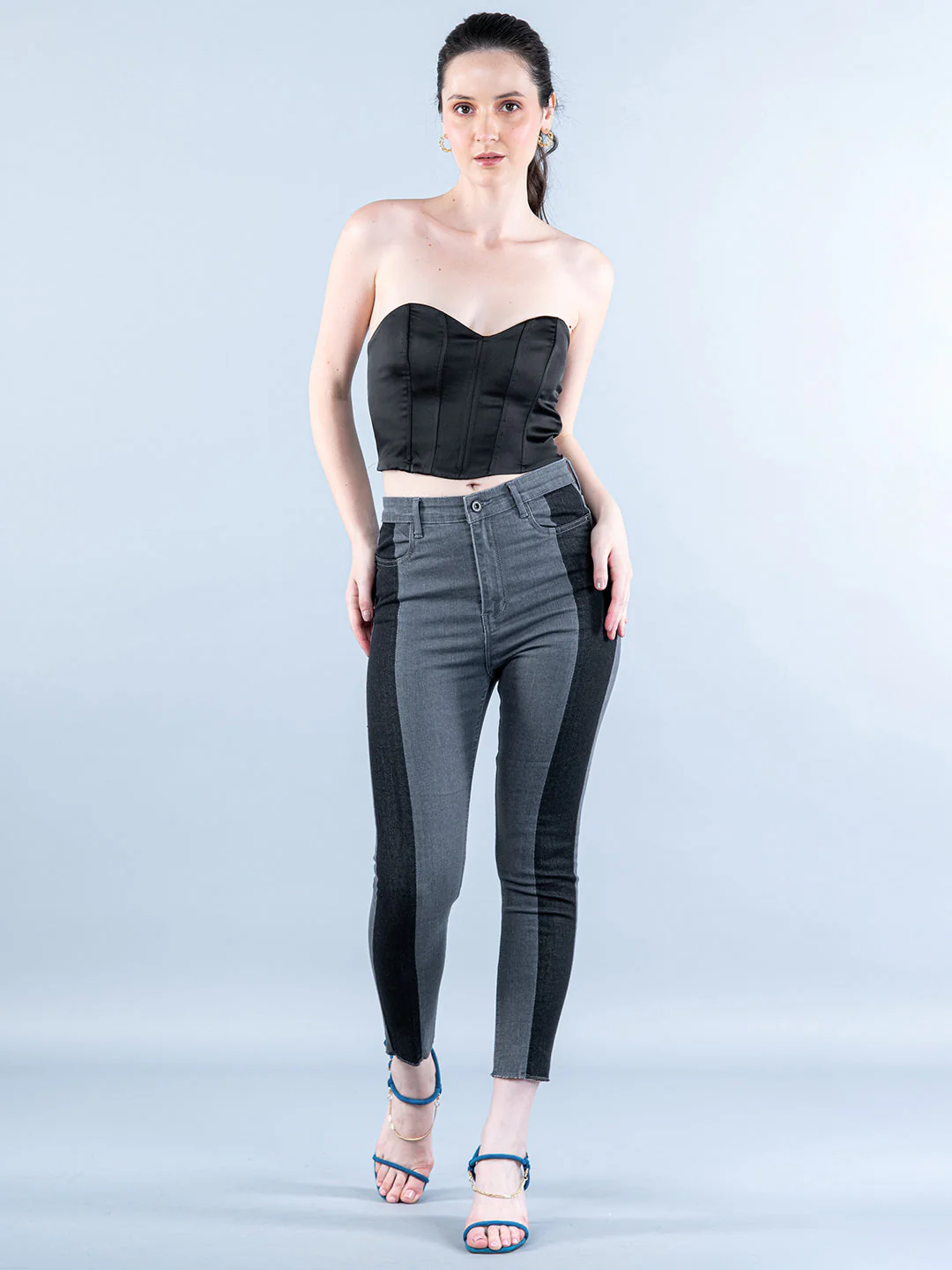 Colorblock Chess Skinny Fit Jeans For Women - Image 3