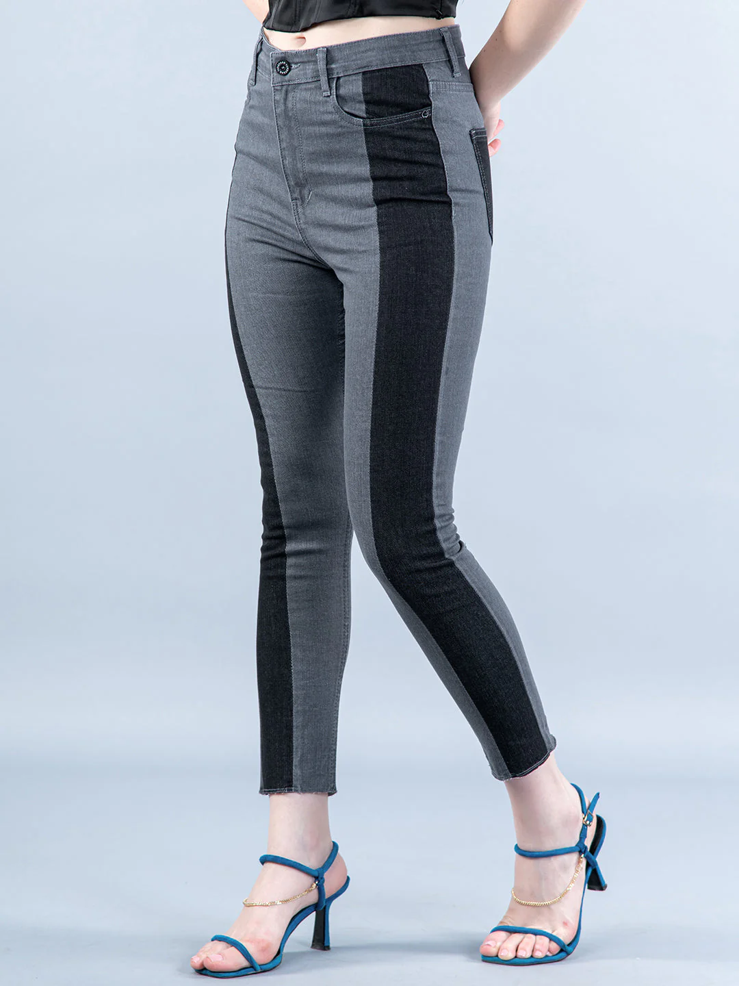 Colorblock Chess Skinny Fit Jeans For Women - Image 5
